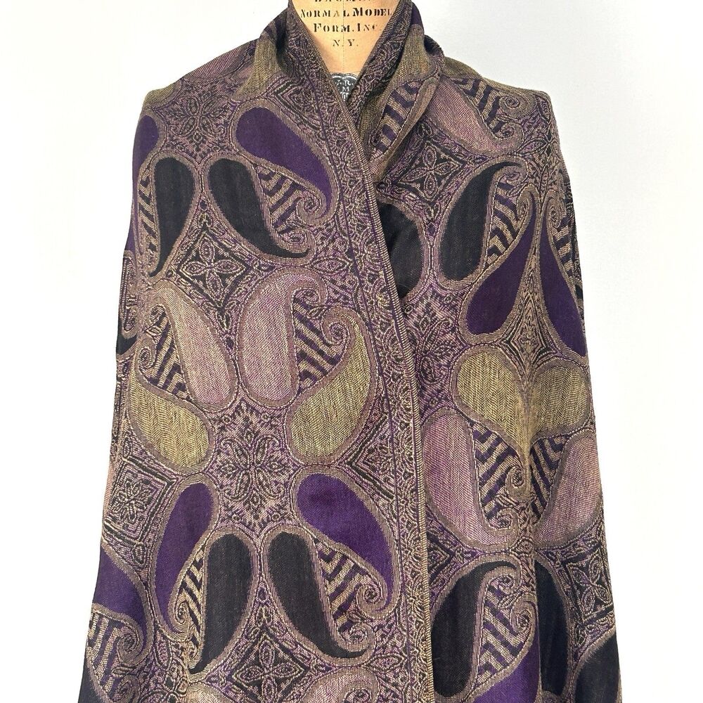 Pashmina Silk Blend Paisley Shawl Wrap Brown Purple Boho Everyday Decorative